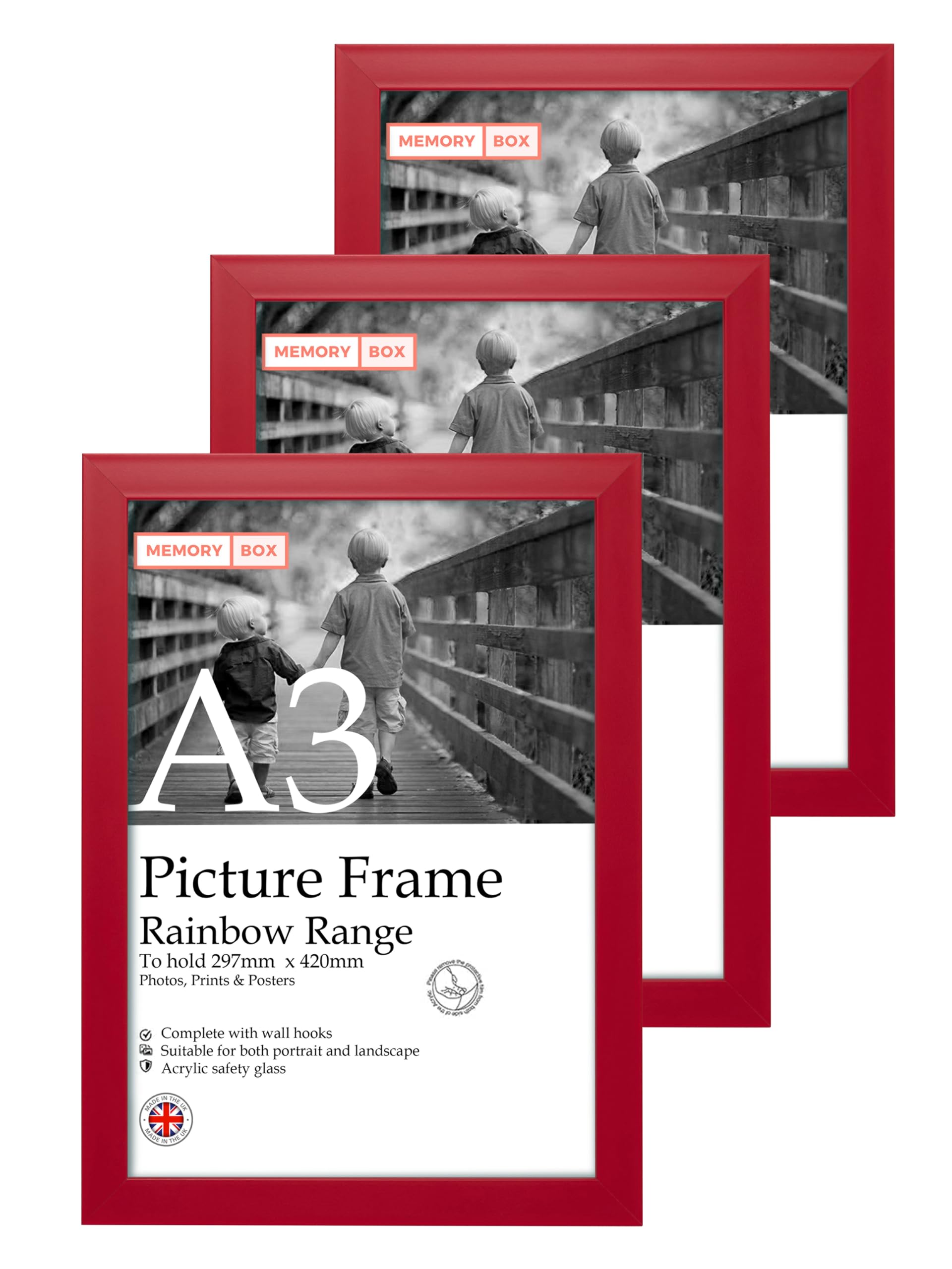 A3 Red Picture Frame Set of 3, Perfect for Displaying A3 Picture Gallery Walls, Posters, Photos, Artwork, or Prints, Red