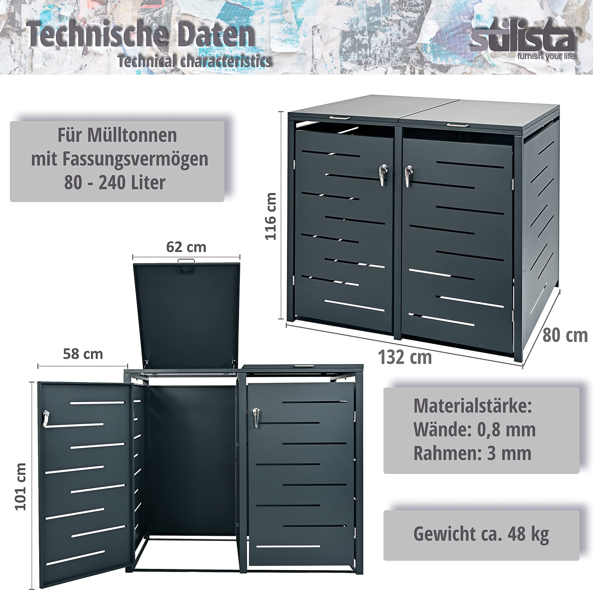 Nexos Mülltonnenverkleidung 2 Türen Silber 240 Liter Metall 132x80x116cm | Pulverbeschichtetes Metall, Platz für zwei 240L Tonnen, Gasdruckfeder, Lüftungsschlitze gegen Gerüche