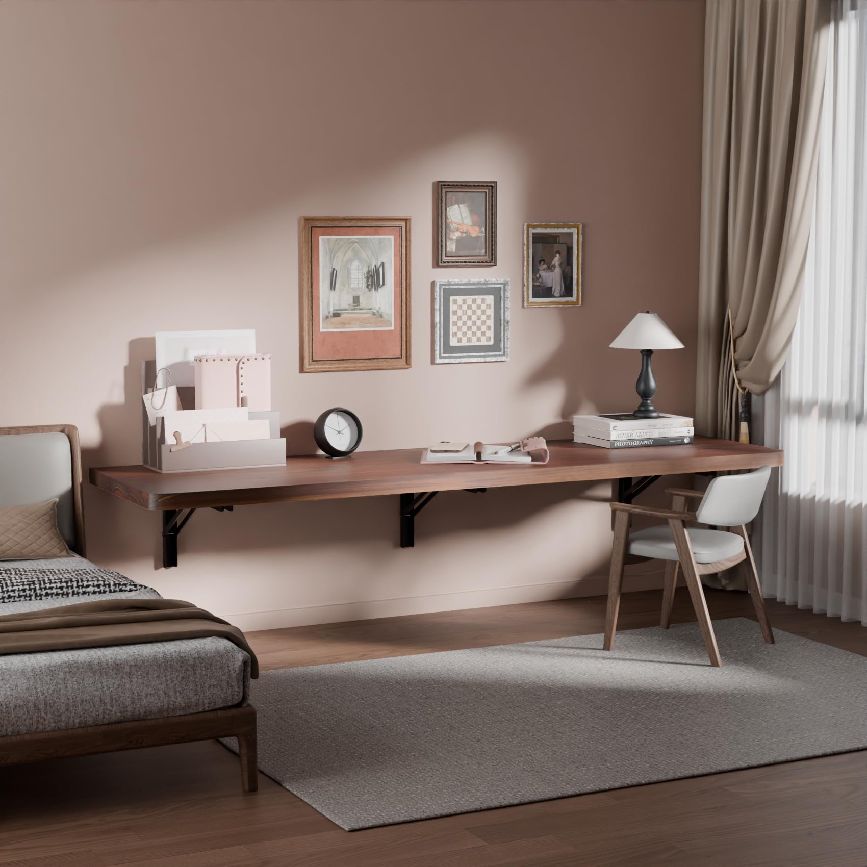 IAE Wall Mounted Folding Table with Pine Wood,55" x 16" Floating Wall Desk,Laundry Folding Table with Shelf Brackets,Fold Down Desk Shelf,Folding