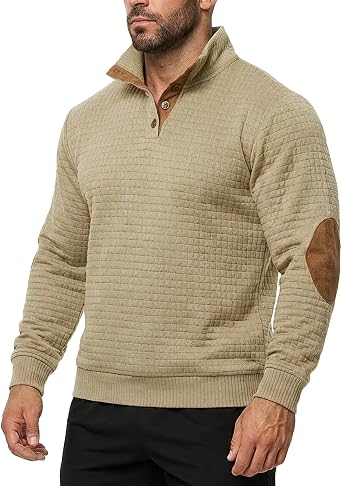 Mens Quilted Mock Neck Pullover, Stretch Button Henley Sweatshirt Rugged Outdoor Athletic Long Sleeve Shirts WT05