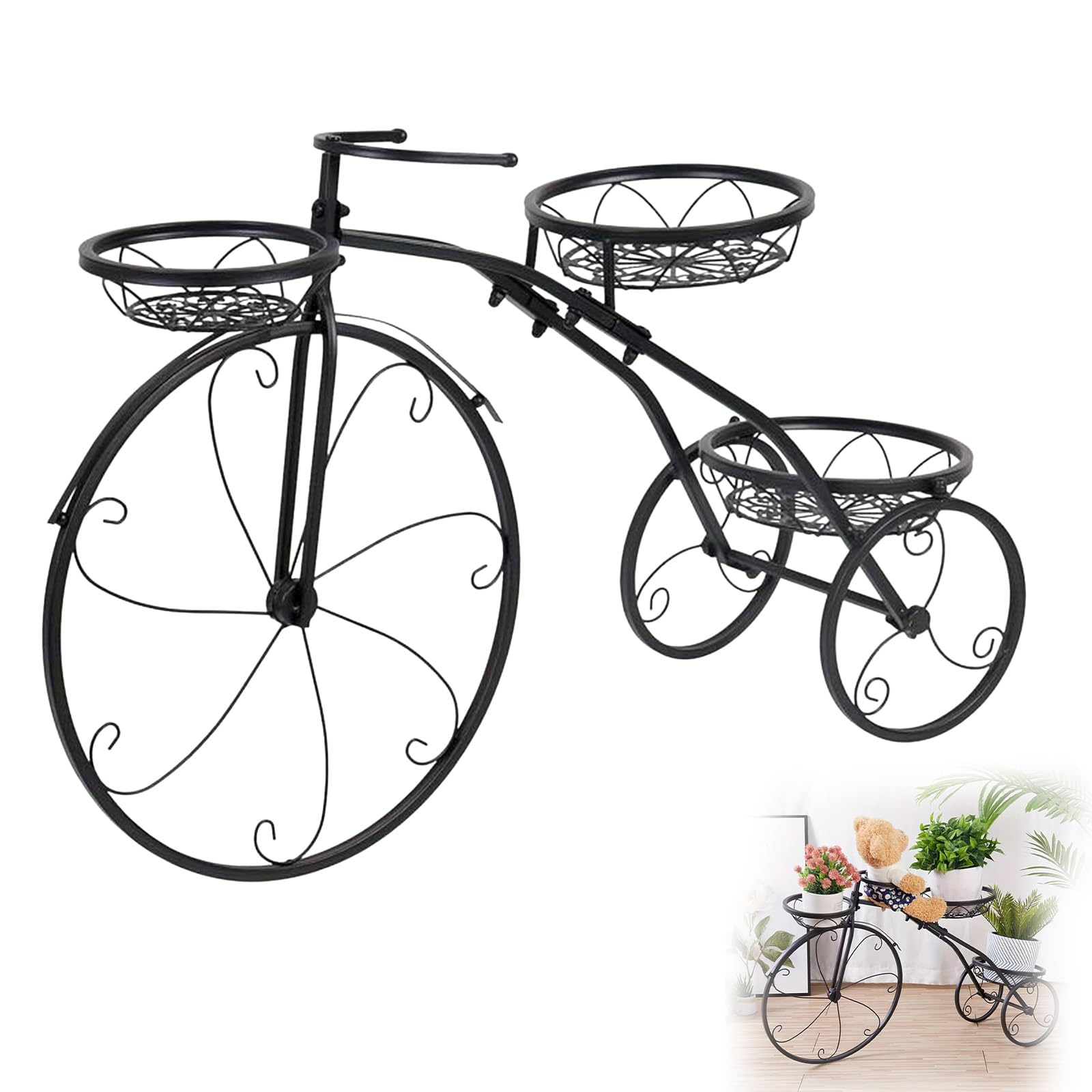 Soporte para Plantas de Bicicleta Vintage,Macetero de Hierro con 3 Cestas | Decoración Jardín y Terraza,Estantería Flores Exterior para Balcón,Patio