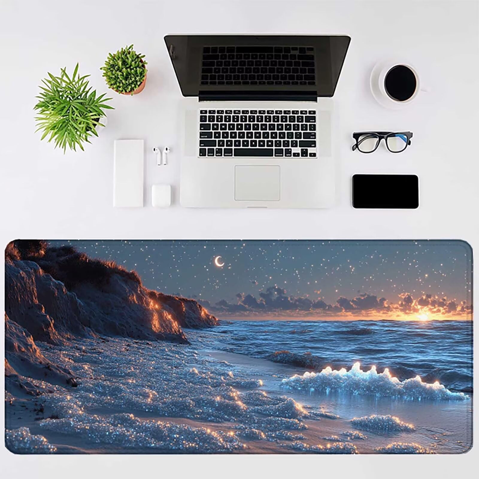 Biała podkładka pod mysz XXL 1200 x 600 mm, wodoodporna podkładka pod mysz plaża wzór szyte krawędzie design akcesoria biurowe antypoślizgowa gumowa podstawa powierzchnia dla graczy, biurko -hjw2506WQ