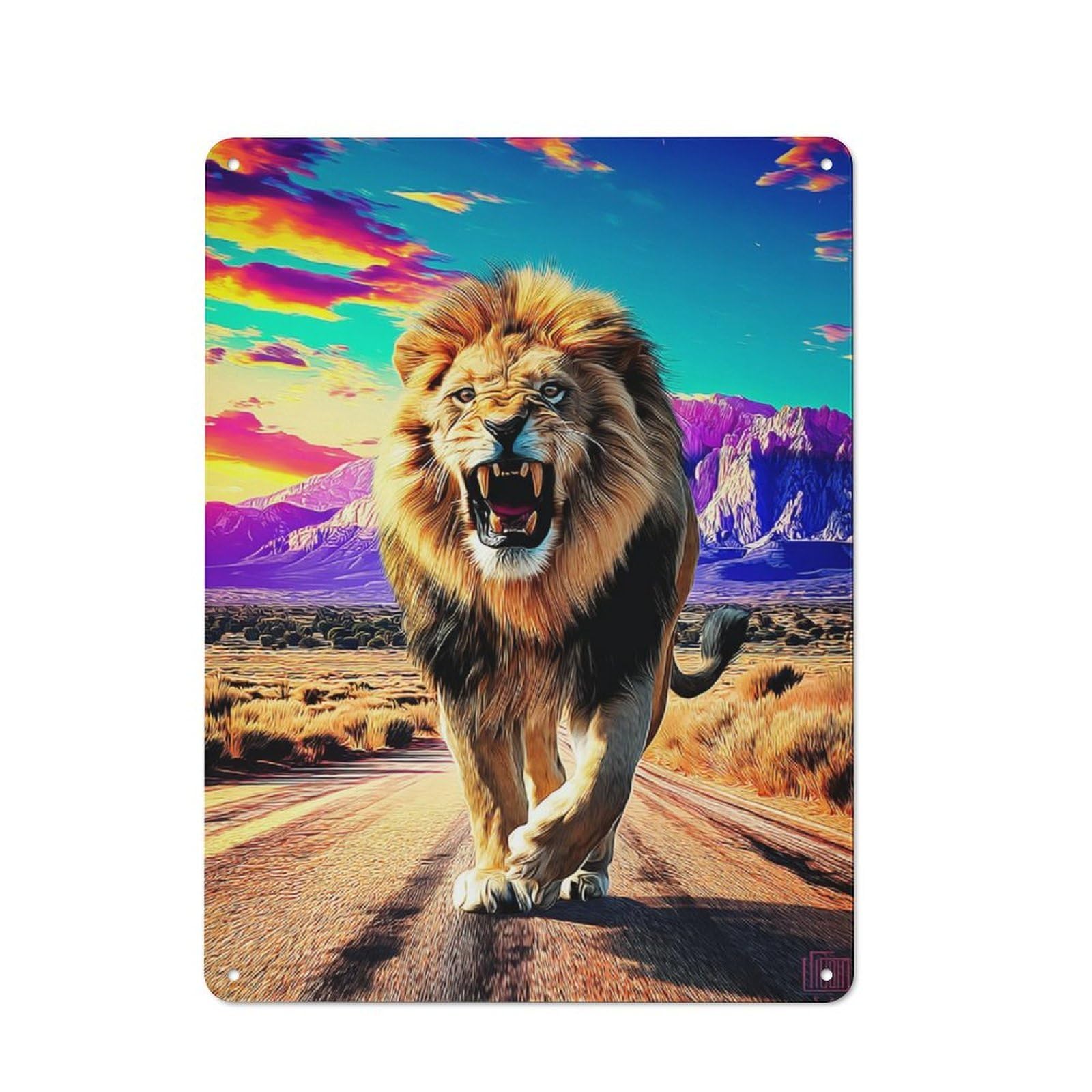 Junmoney Roaring Lion In Vibrant Landscape Metal Sign 40X30cm With For Home Bar Wall, Vintage Decor, Wall Decoration For Home Bars And Entertaining Spaces