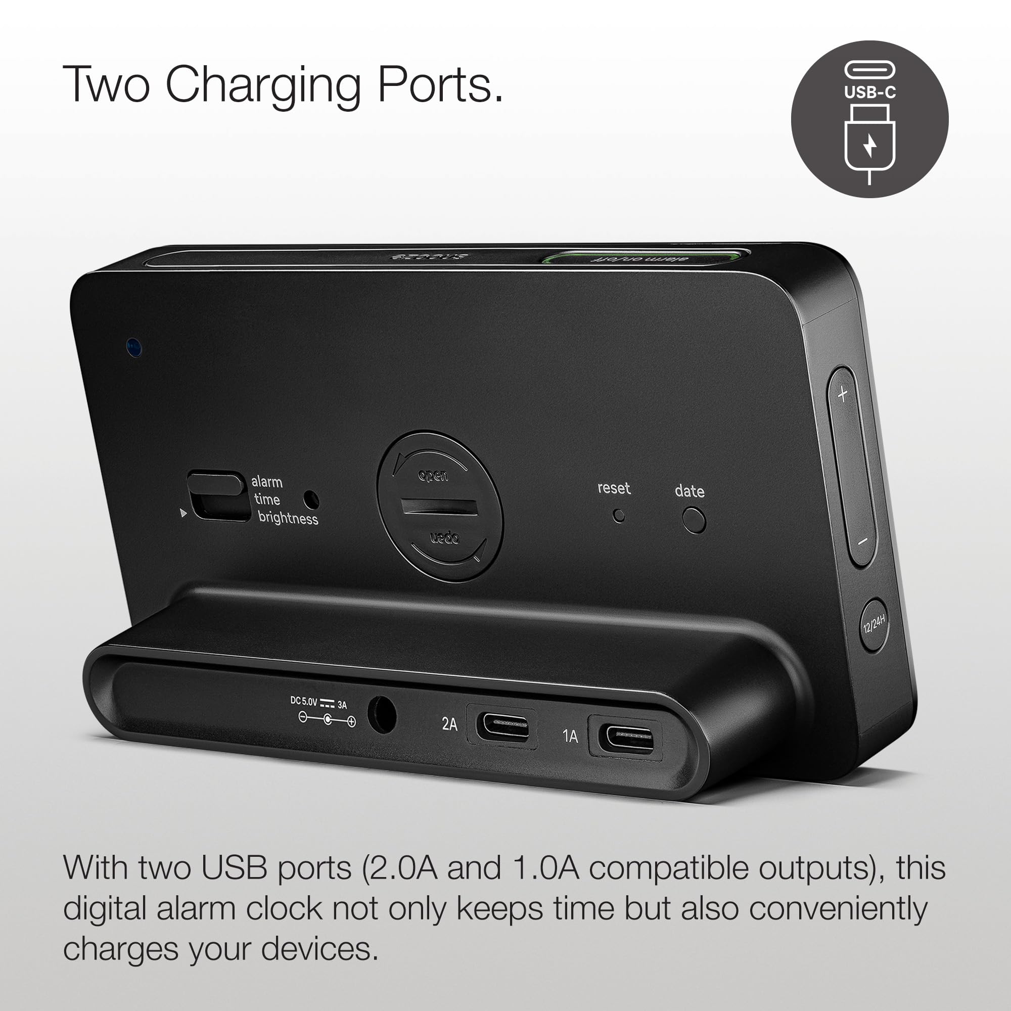 Braun Reloj Despertador Digital Pantalla LCD, 2 Puertos USB-C para Cargar Otros Dispositivos, visualización de Fecha y Hora, repetición táctil, configuración rápida, en Negro, Modelo BC20B.