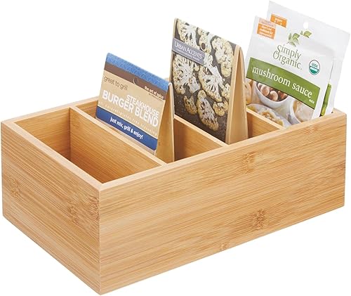 mDesign Caja organizadora compacta de madera de bambú para almacenamiento de alimentos, 4 secciones divididas, soporte para paquetes de condimentos,