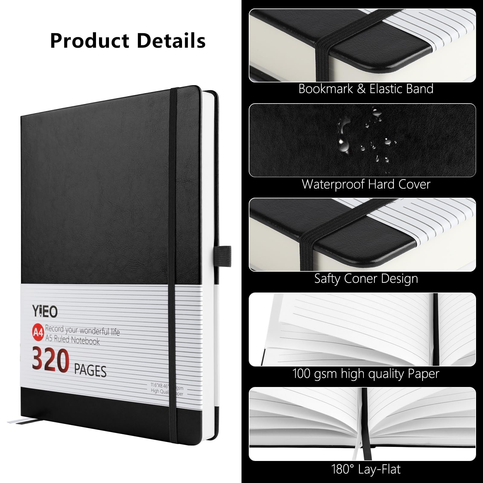 Notebook A4, Thick A4 Notebook Hardback Journal Notebook 320 Pages 100GSM A4 Lined Note Book - Image 3