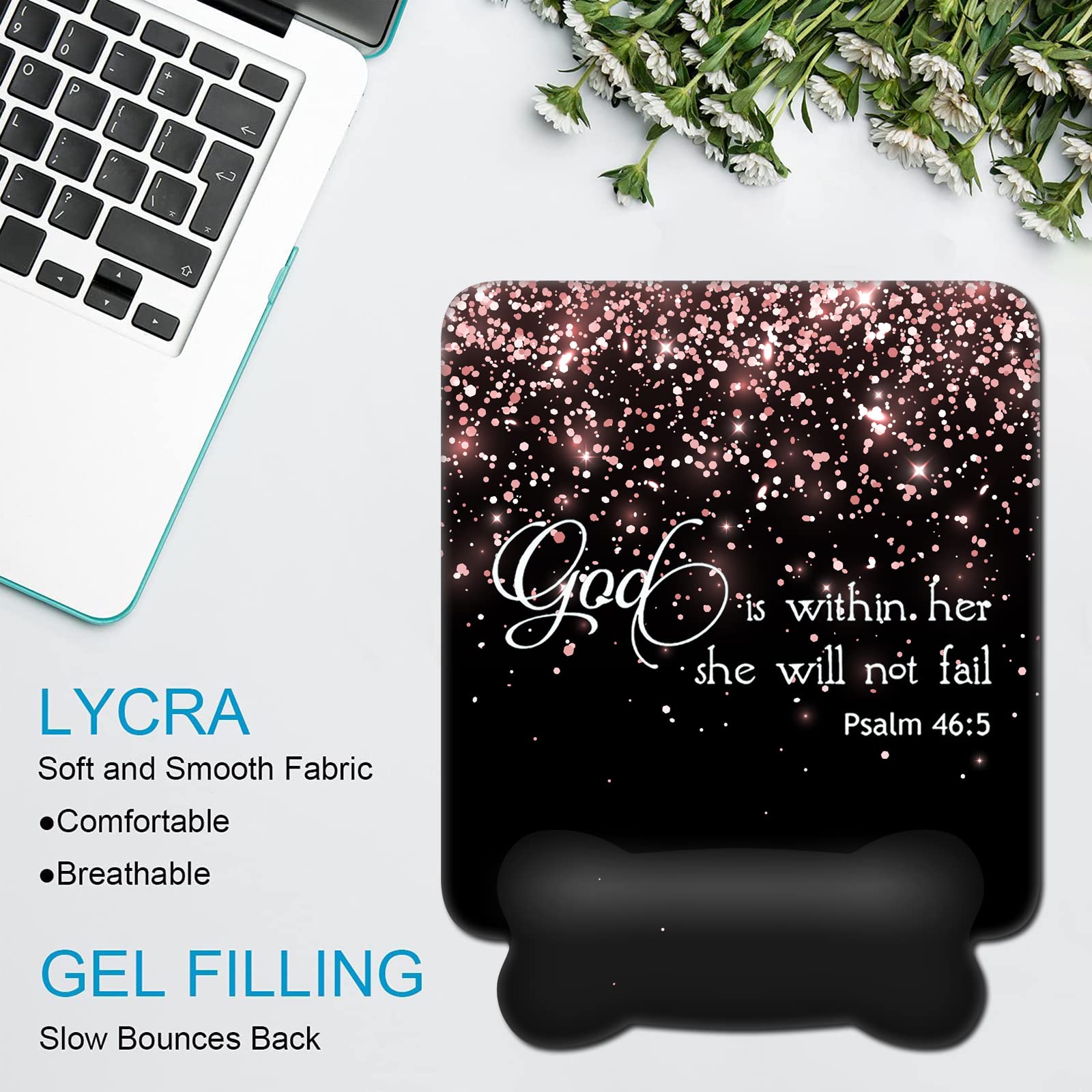 Handgelenkauflage Set Mit Mauspad – Memory Foam, Ergonomisch, Rose Gold & Schwarz, Inkl. Psalm 46:5 Design