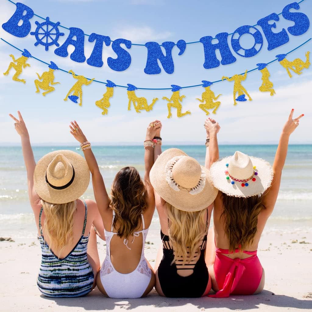 Blue Glitter Boats N Hoes Banner Garland for Anchor Cruise Decorations Nauti Bach Nautical Bachelorette Party Decorations