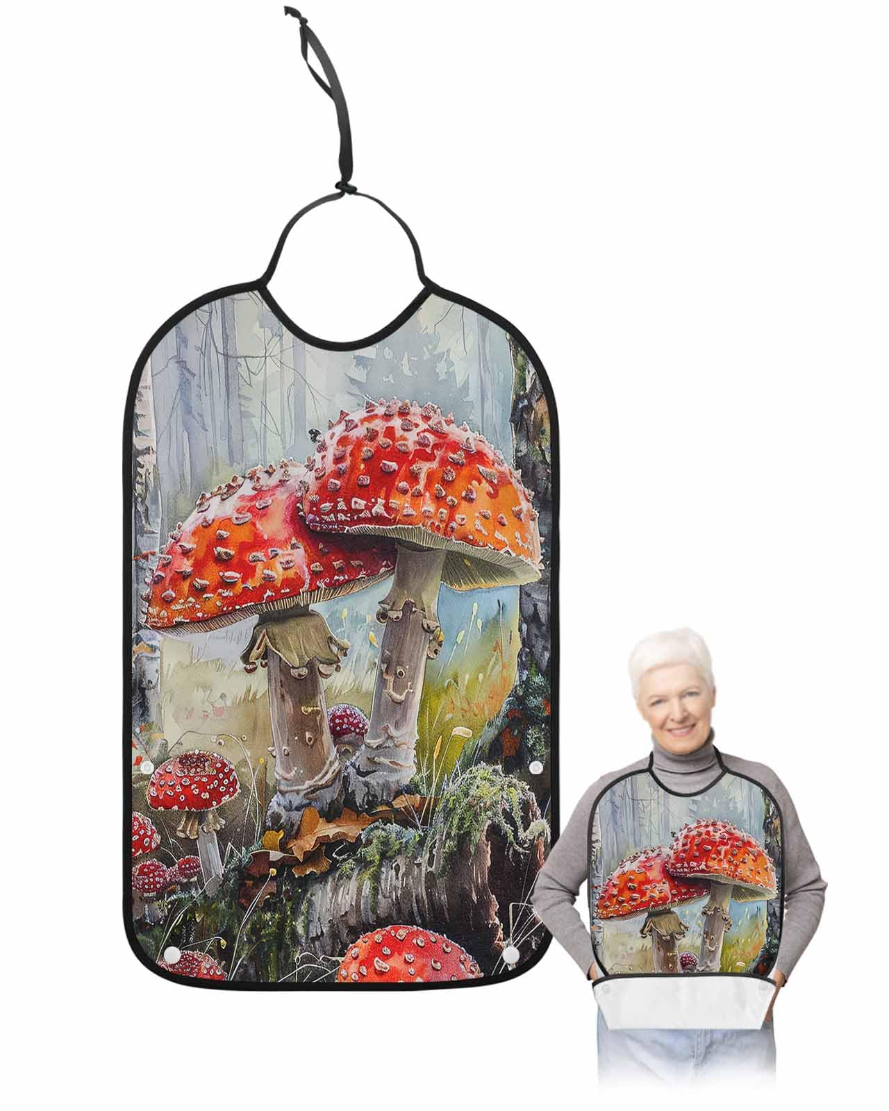 LEOKOTI Mushroom Adult Bibs for Eating, Waterproof Bibs with Food Catcher & Adjustable Snap Closure, Vintage Watercolor Oil Painting Botanical Washable Clothing Protectors Adult Bibs for Elderly
