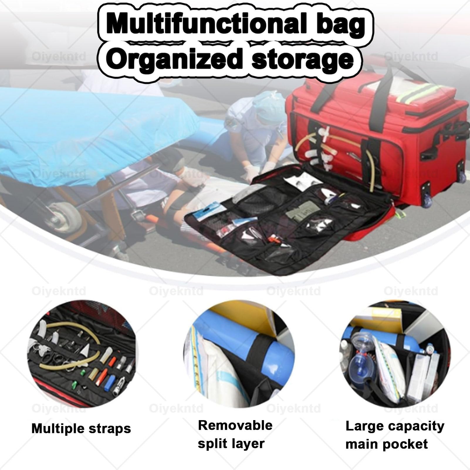 Borsa per kit di primo soccorso e attrezzature mediche con trolley rimovibile; borsa con ruote per infermieri e kit di emergenza, ideale per escursionismo, backpacking, campeggio e viaggi Red-66cm