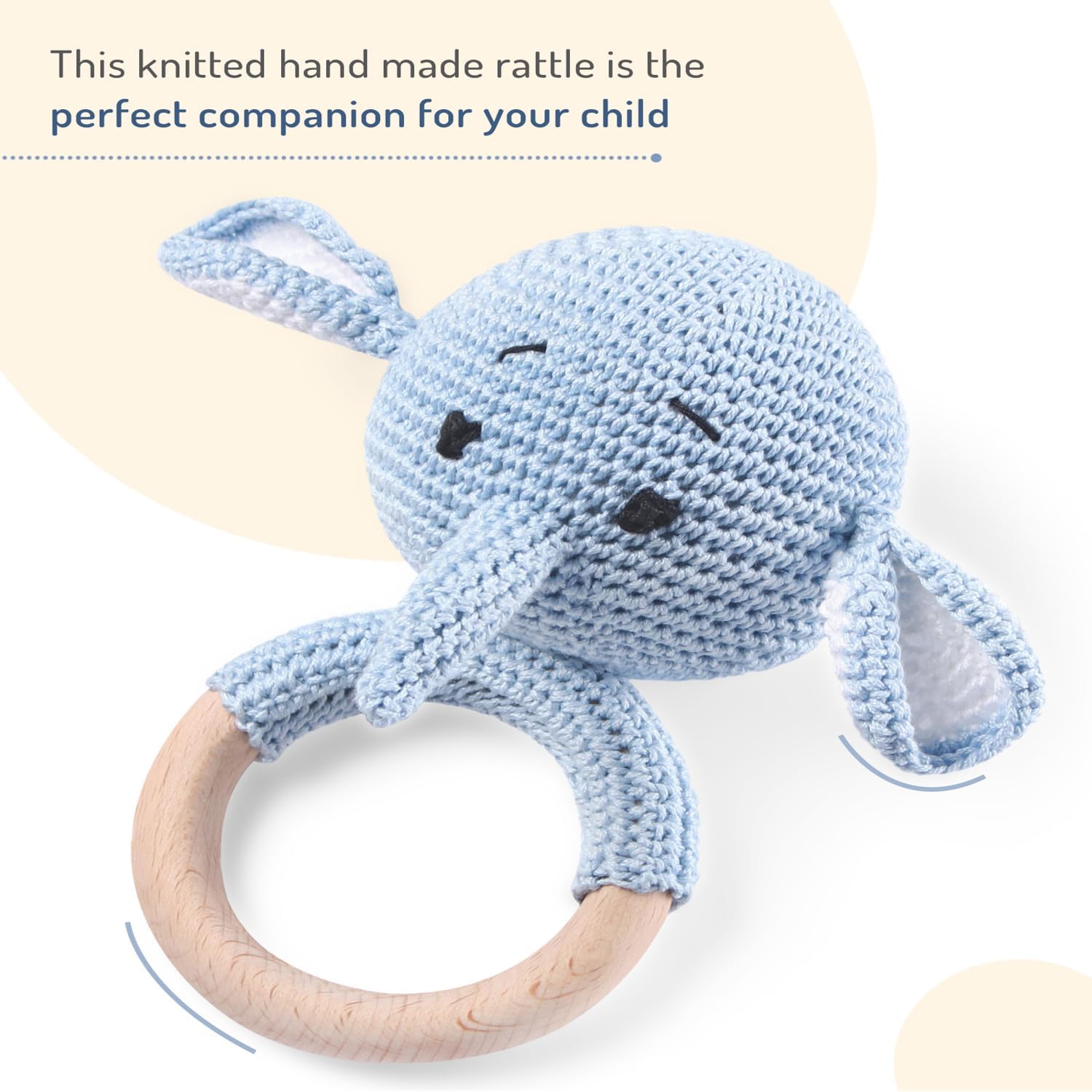 Bonfino Premium Elephant Wooden Ring Rattle–Crochet & Natural Wood Baby Rattle for 0-2 Years Girls&Boys,Safe&Durable,Non-Toxic Sensory Toy for Newborns&Toddlers,Yellow,BIS Certified,Birthday Gift,Blue 2