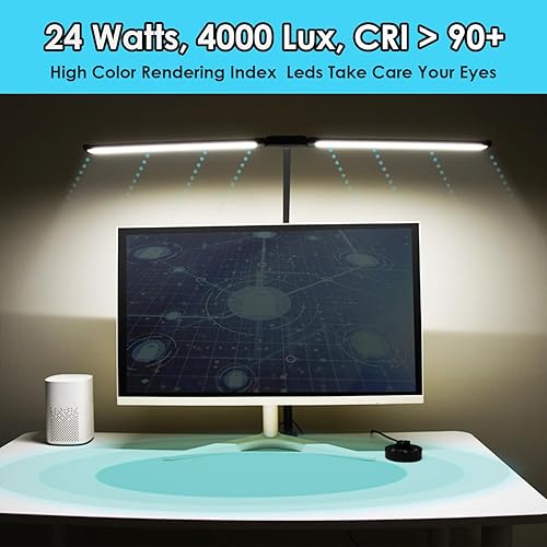 Miniatura 3 de CeSunlight Lámpara LED de escritorio con dos cabezales, lámpara de escritorio con abrazadera, 24W, 4000 LMS, CRI90, 5 modos de color (2600K-6500K),