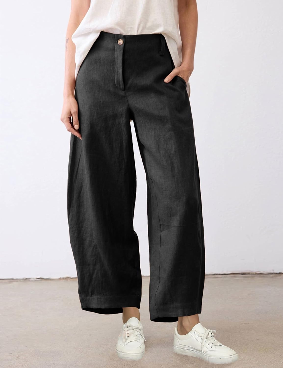 Athlisan Womens Linen Barrel Pants Casual Baggy Wide Leg Palazzo Trousers Summer Beach Capri Pants - Image 3
