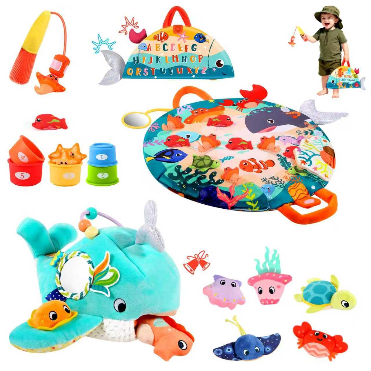 FREYBLI 2-in-1 Montessori Baby Toys 6-12 Months - Ocean Sensory Toy & Fishing Stacking Set - Rattle Crinkle Mirror - Developmental Gifts for Boys Girls