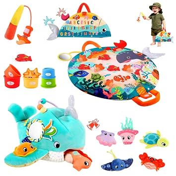 FREYBLI 2-in-1 Montessori Baby Toys 6-12 Months - Ocean Sensory Toy & Fishing Stacking Set - Rattle Crinkle Mirror - Developmental Gifts for Boys Girls