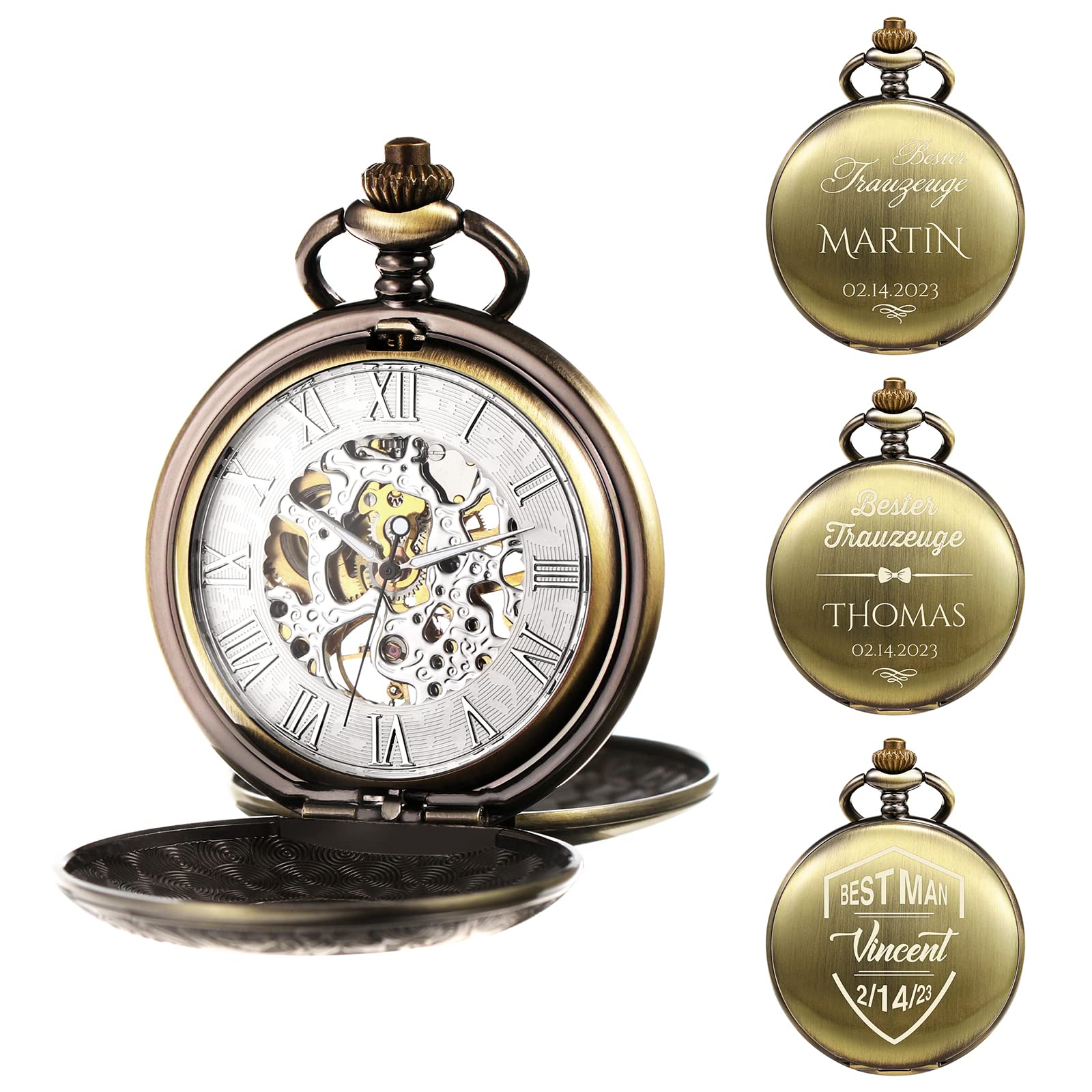 TREEWETO Orologio Da Tasca Uomo In Bronzo Con Incisione, Catena Inclusa, Regalo Personalizzato Per Nonno E Nipote