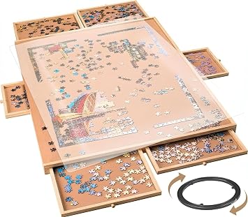 1500 Piece Rotating Wooden Puzzle Board Fits Puzzles Up to 35" x 26" with 6 Storage Drawers & Protective Cover Jigsaw Puzzle Table for Adults & Families Home Entertainment