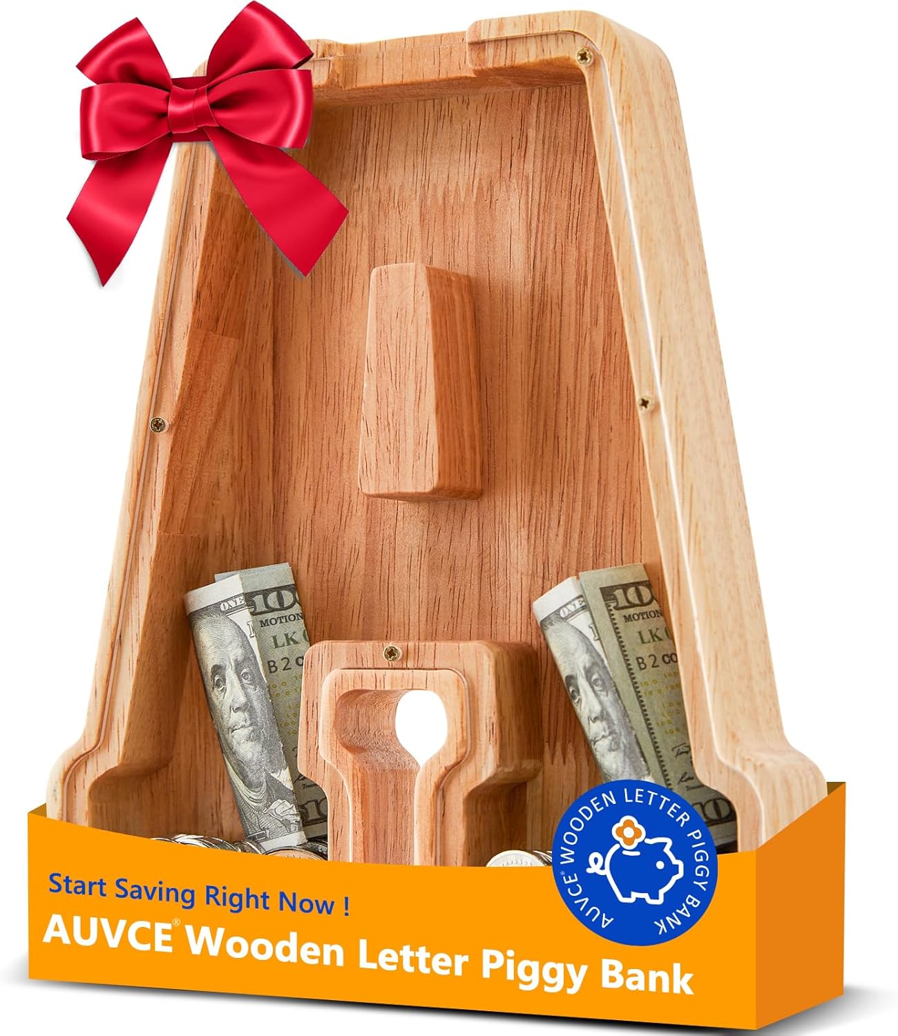 Wooden Initial Piggy Bank - Large Solid Wood Money Box for Kids - Personalized Letter Money Bank, Unique Educational Gift Decor for Baby Shower, Birthday & Nursery (A)