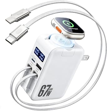 Hatalkin 5-in-1 Retractable Wall Charger for Apple Watch, 67W Smart Display Fast Charging GaN with 2 USB C Cables & 2 Ports, Foldable Travel Multiport Charger for iPhone 17/16/15, MacBook, iWatch,iPad