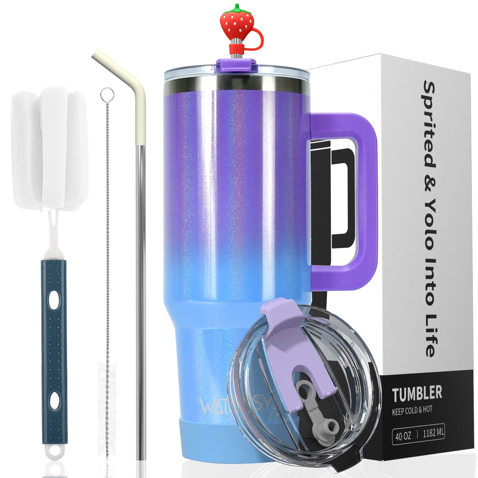 WATERSY Doppelwandiger 30oz Kaffeebecher to Go Thermobecher Edelstahl Vakuum Auslaufsicher Trinkbecher mit Griff und Strohhalm Thermo Tumbler Lila Blau Glänzend