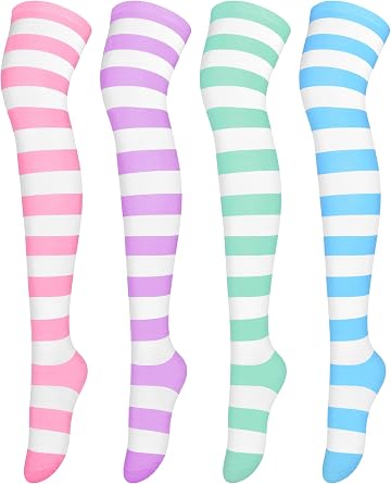 Aneco 4 Pairs Over Knee High Stripe Socks Halloween Cosplay Accessories Thigh High Socks for Adult Woman Girls