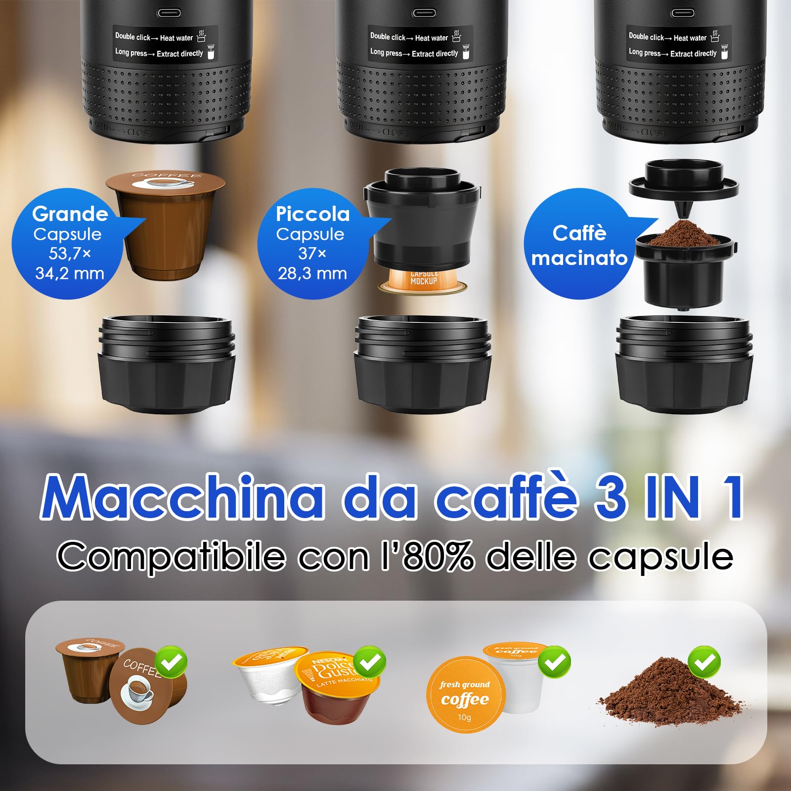 Dreamhigh® Macchina Caffè Portatile 7500mAh, Mini Macchina Espresso Portatile da Viaggio con USB Type-C & Display LED, Espresso 20 Bar per Capsule & Caffè Macinato, Ideale per Camping e Viaggi