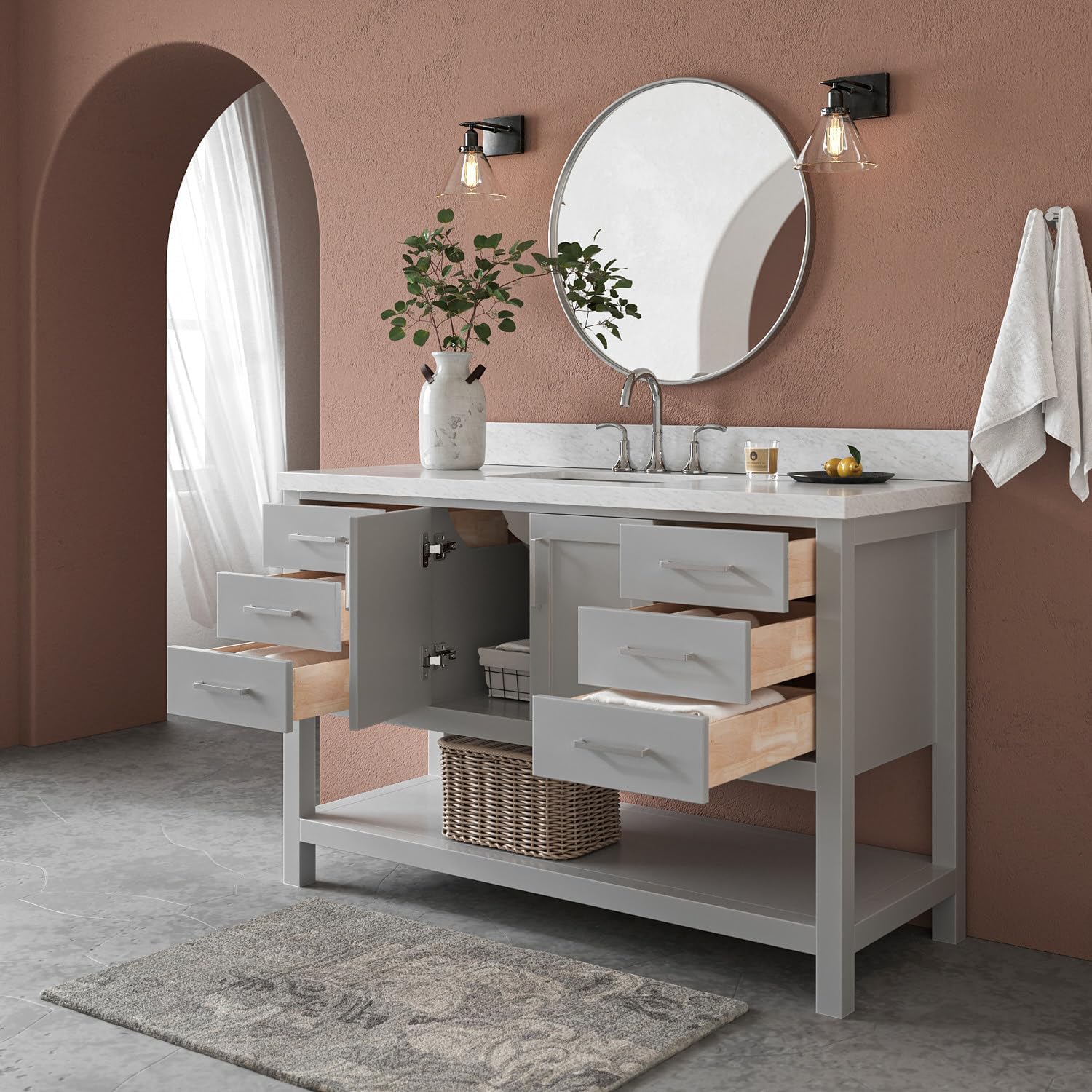 ARIEL Magnolia 54-inch Bathroom Vanity with Sink,Solid Wood, 1.5-inch Italian Carrara Marble Countertop, Single Rectangular Porcelain Sink, 2 Soft Closing Doors, 6 Dovetail Drawers, Grey