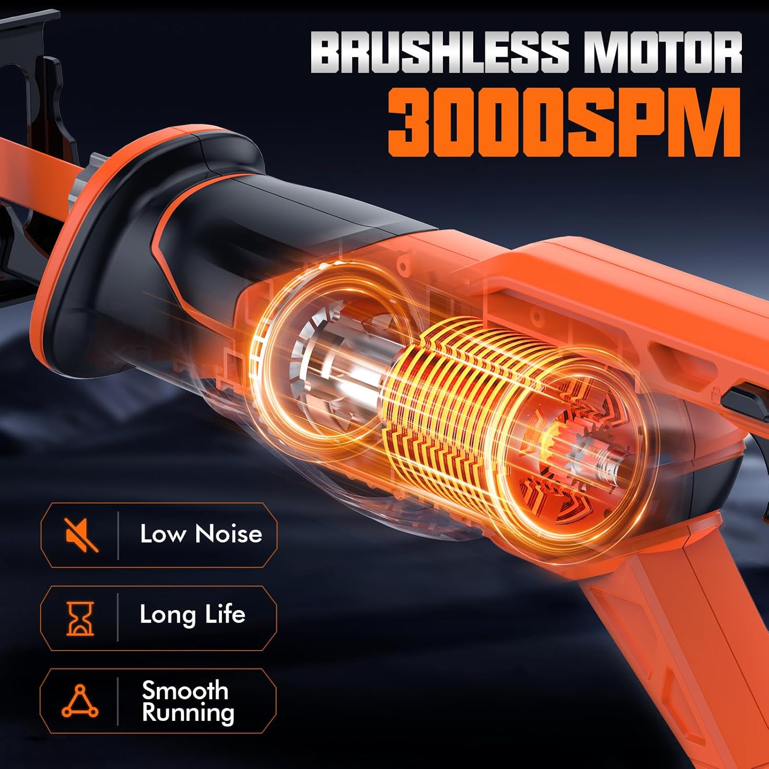 Reciprocating Saw Cordless with 8 Blades: 2 x 4.0Ah Battery, Brushless Motor 3300 RPM, Cordless Reciprocating Saw Kit for Wood PVC Metal Tree Bone Cutting DIY (Orange)