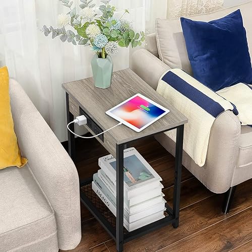 Miniatura 2 de melos Mesitas de noche con estación de carga, mesita de noche de 2 niveles con puertos USB y tomas, mesa auxiliar estrecha con estante de