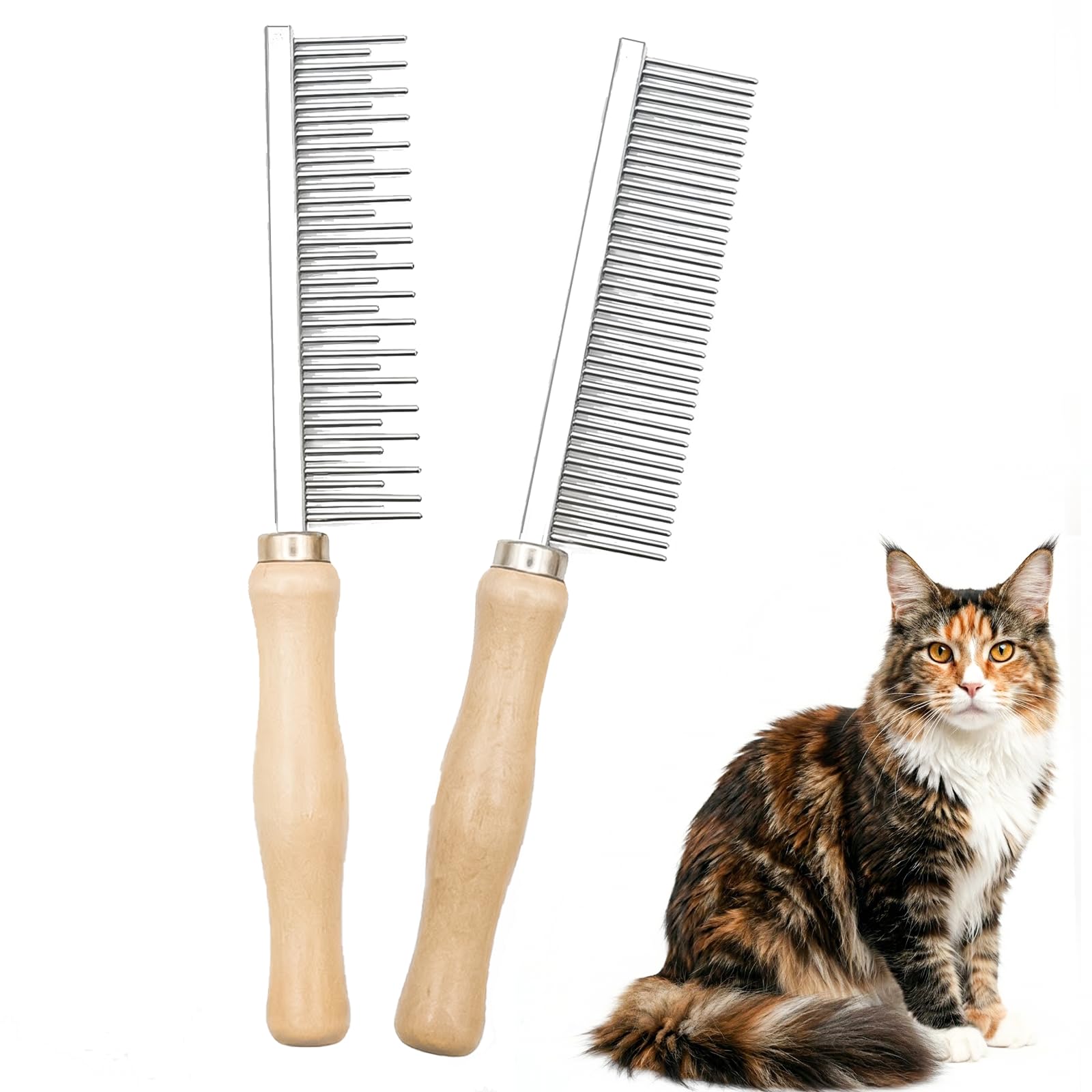 GZYCKJ 2 Pcs Dog Grooming Comb, Metal Pet Comb Detangling Tool Wood Handle for Cats Dogs Long Short Haired Pets