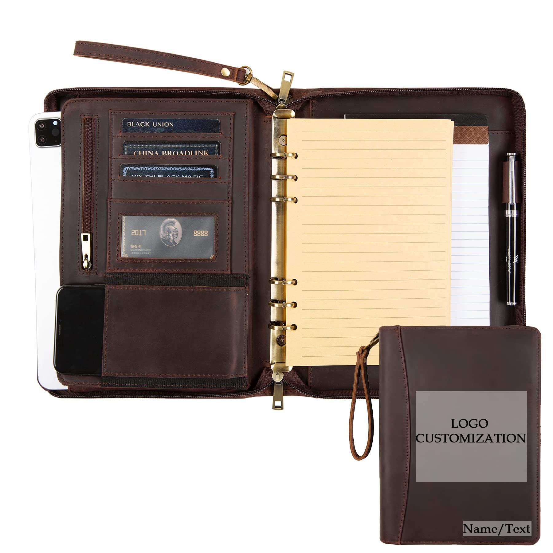 GZRHKJ Portable Leather Padfolio, 8x10.5 inch Portfolio with 9.5-inch Clipboard, 6 Ring Binder, Custom, Dark Brown