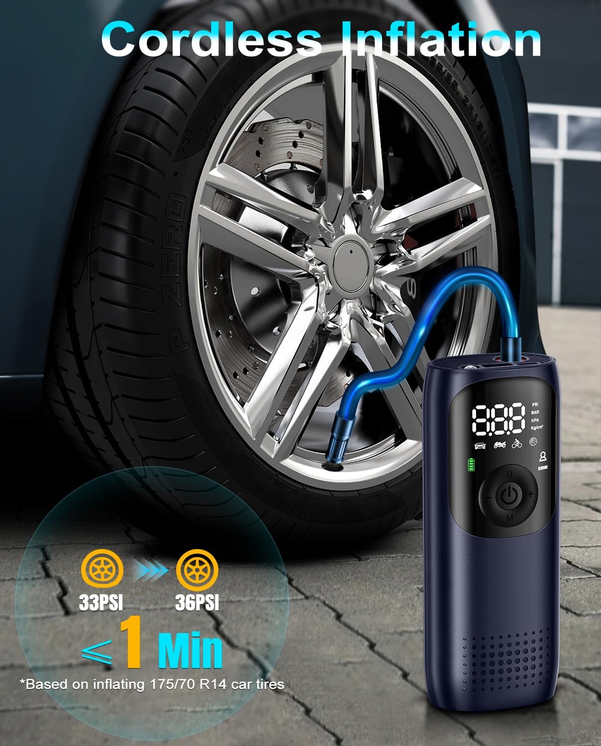 KEPEAK inflator in use, inflating a car tire