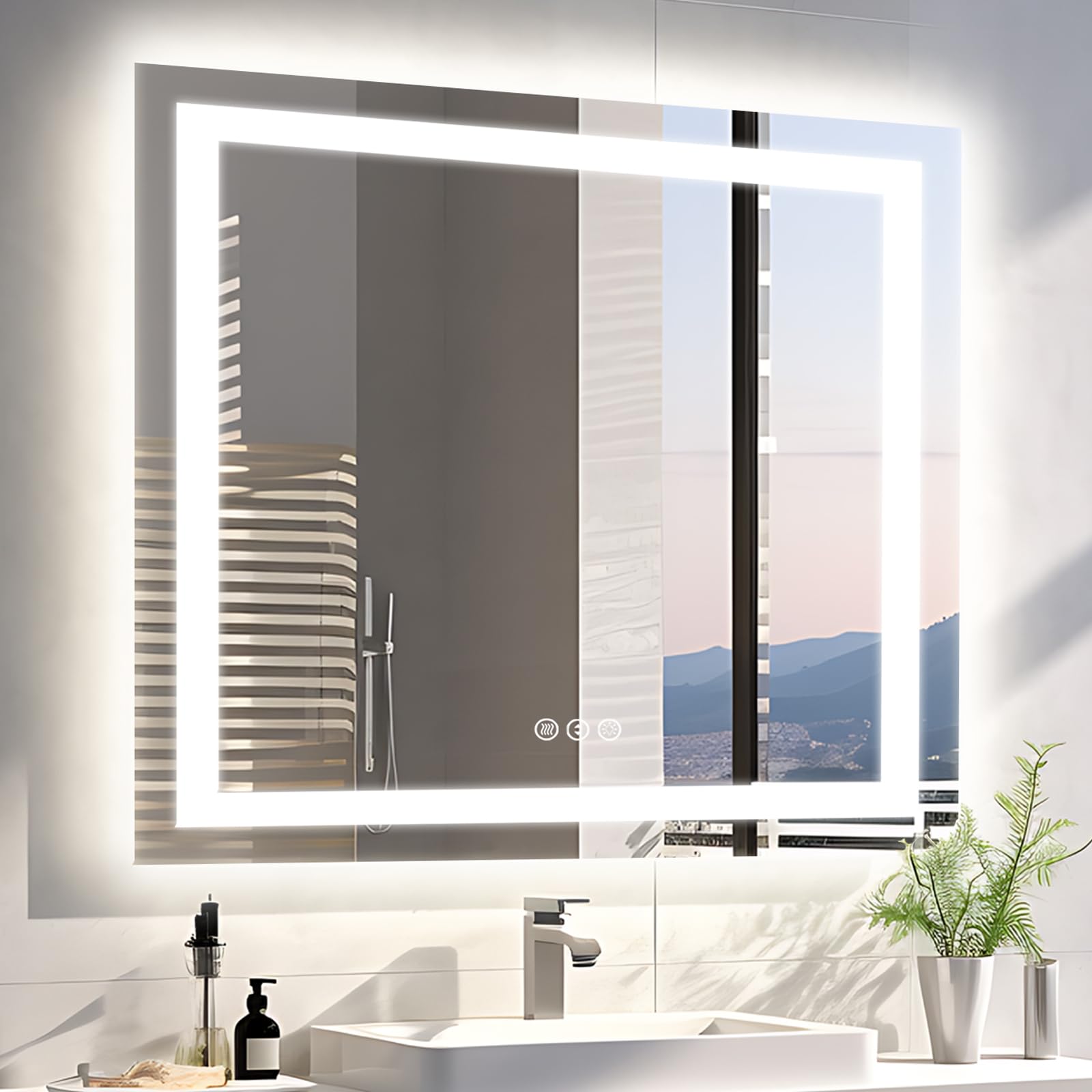 EchosLife 91,4 x 91,4 cm quadratischer LED-Badezimmerspiegel (vorne und hinterleuchtet), beschlagfreier Kosmetikspiegel mit Lichtern, stufenlos, 3 Farben, dimmbar, intelligenter beleuchteter Spiegel