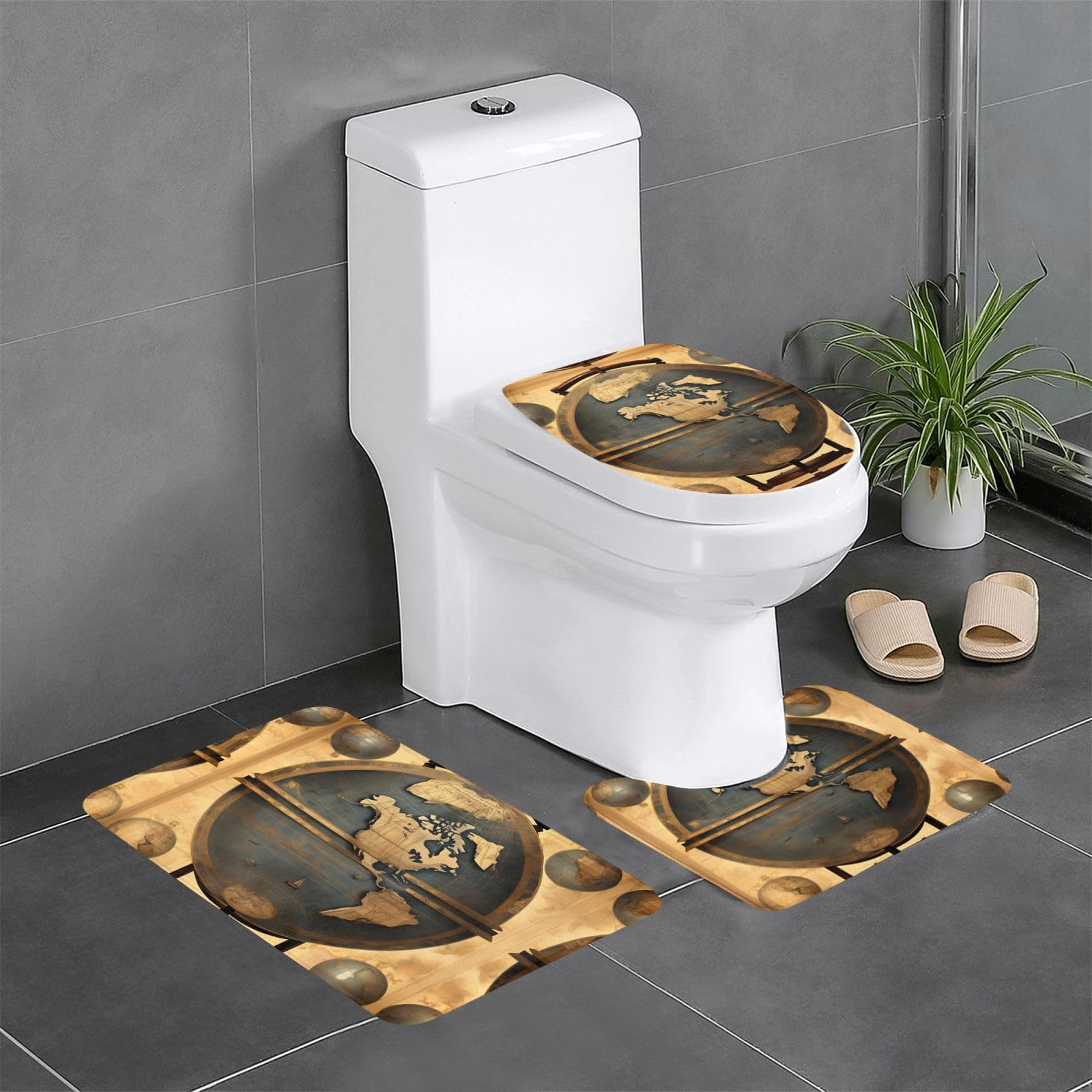 Tapis de bain ultra doux motif globe terrestre avec tapis en U pour sol de chambre