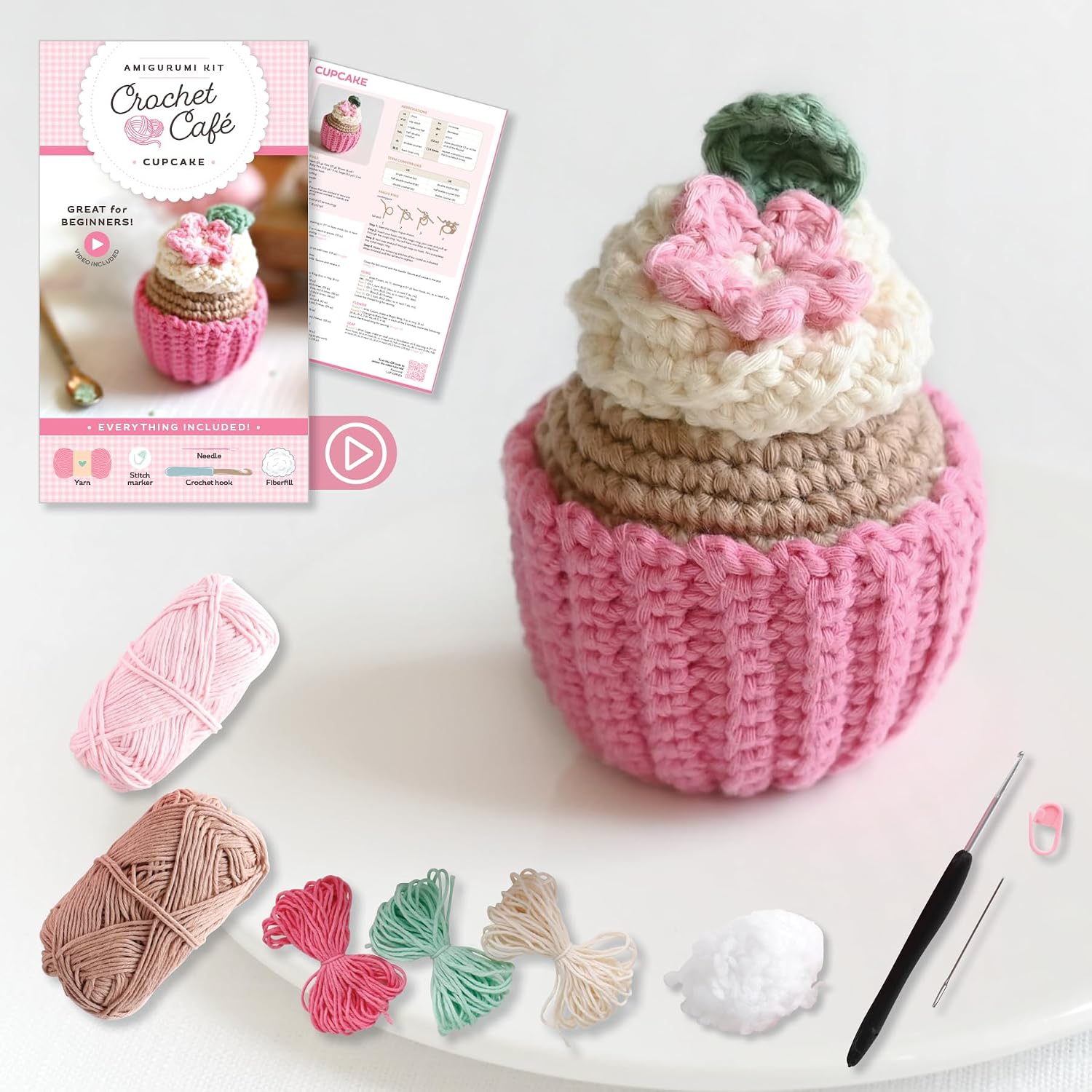 Crochet Cafe Amigurumi Kit Cupcake: Everything You Need Is Included: 100%-Cotton Yarn, Crochet Hook, Stitch Marker, Tapestry Needle, Fiberfill, ... Instruction Videos; Beginner Friendly!      Paperback – September 15, 2025