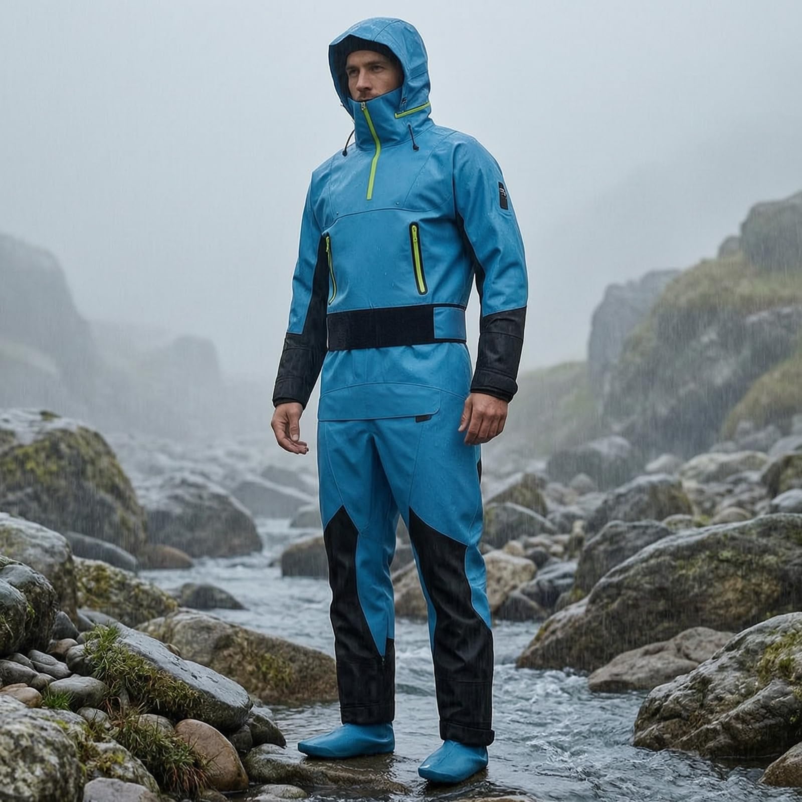 Baoblaze Combinaison Étanche de Plongée Combinaison Sèche Monopièce avec Capuche Fermeture Éclair Étanche et Poche Poitrine Pieds Couvrants Tissu Renforcé, Bleu, M