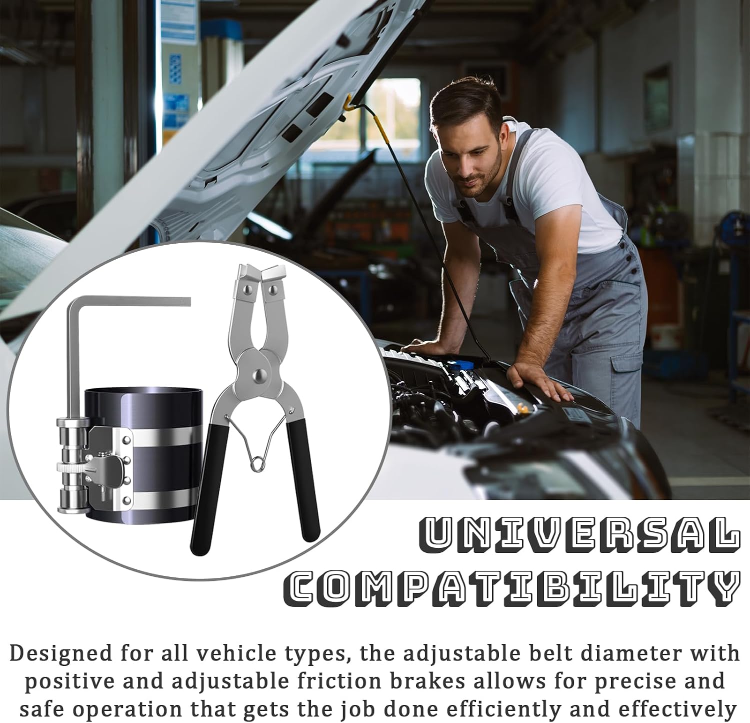 Piston Ring Compressor Tool, Car Engine Piston Ring Installer Removal Kit, Sizes Adjustable from 2-1/8" to 7"(53mm-175mm) with Adjustable Piston Installer Plier