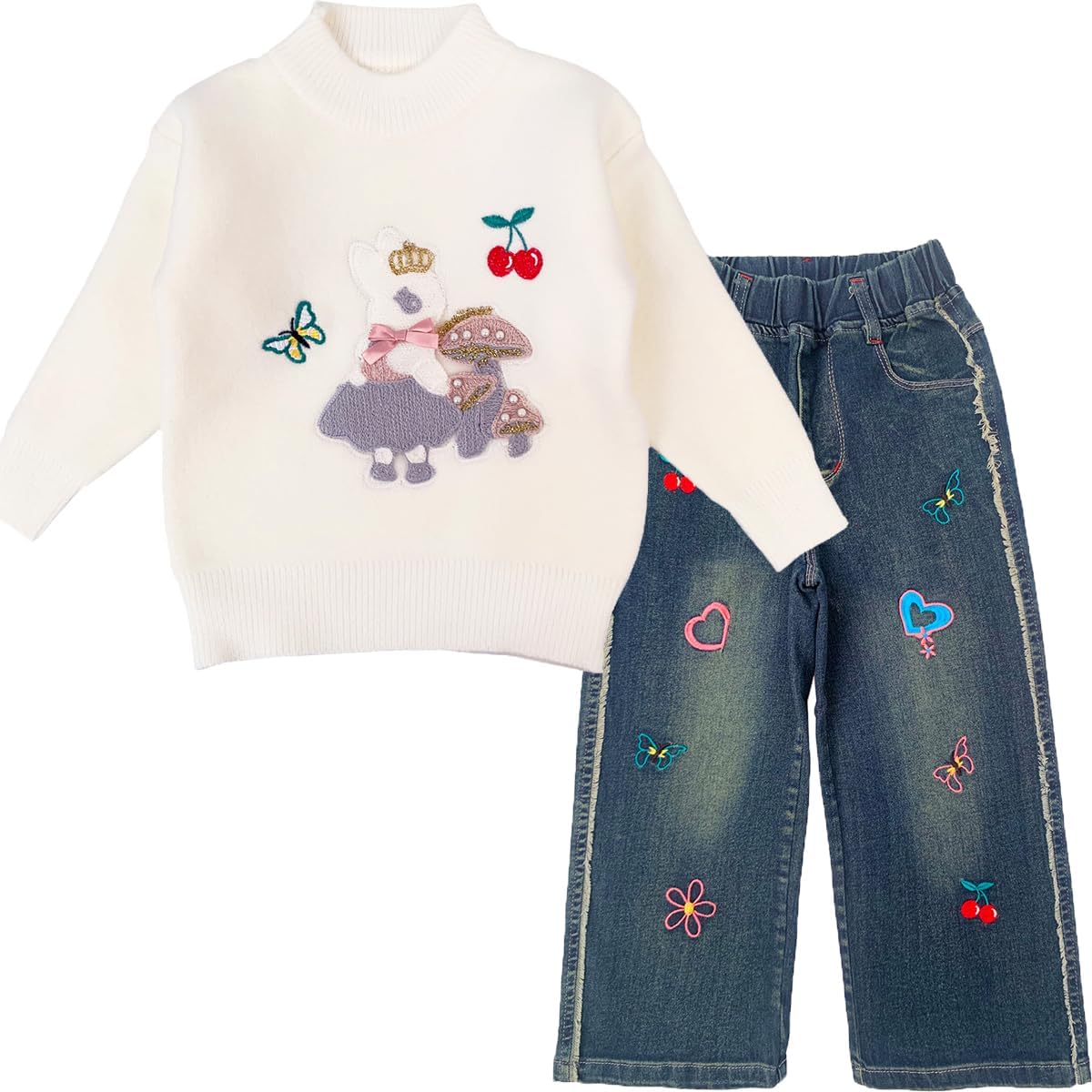 Peacolate 18M-10Y Spring Fall Winter Clothing Set Little&Big Girl Knit Turtleneck Pullover Sweater and Embroider Jeans