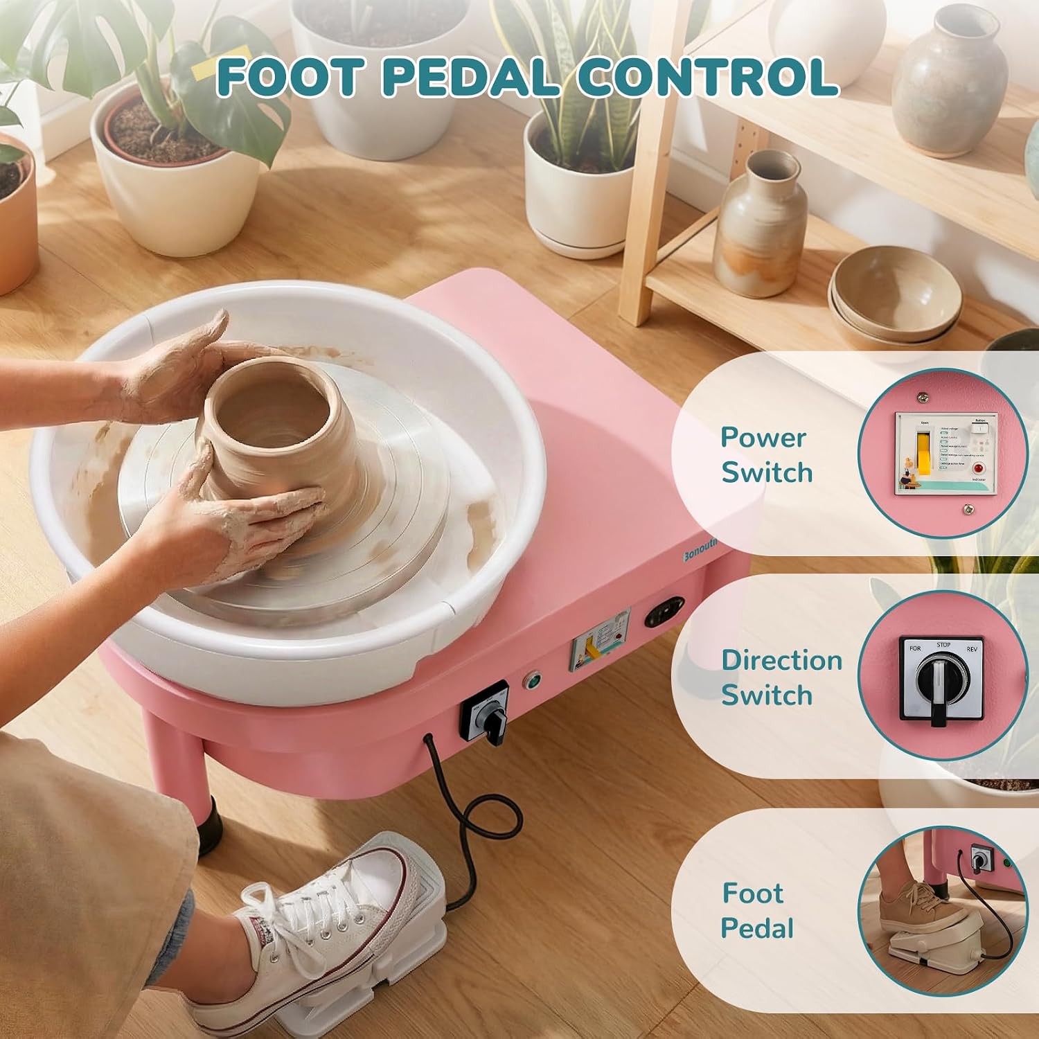 Bonoutil 10" Electric Pottery Wheel with Foot Pedal for Adults, Easy to Center Ceramic Forming Machine Max 20 lbs Capacity Clay Beginner's Art Sculpting Tools Kit for Home Use (Pink)