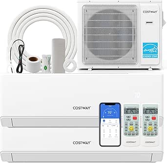 COSTWAY 36k Dual 2 Zone Mini Split Air Conditioner, 23 SEER2 18000 BTU+ 18000 BTU, 208-230V, Wifi Enabled Multi Zones Mini Split AC Heat Pump Full Set, Ductless Energy Star