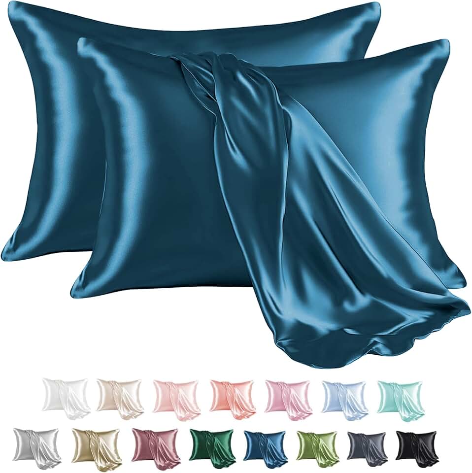 MR&HM Fronha de cetim para cabelo e pele, fronha de cetim de seda, pacote com 2, fronhas tamanho Queen, conjunto de 2, capa de almofada de seda com fecho de envelope (50 x 76 cm, azul-petróleo)