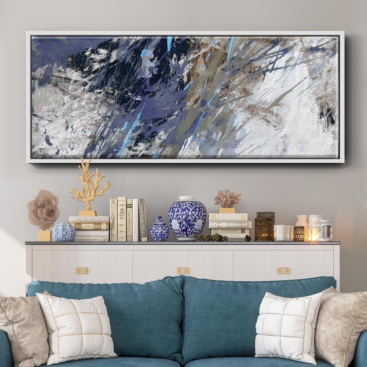 Renditions Gallery Abstract Floater Framed Wall Art Splash of Blue & Brown Colors Wall Decoration Canvas Prints for Bedroom Farmhouse Office - 12"X30" WHITE Frame - GAL024