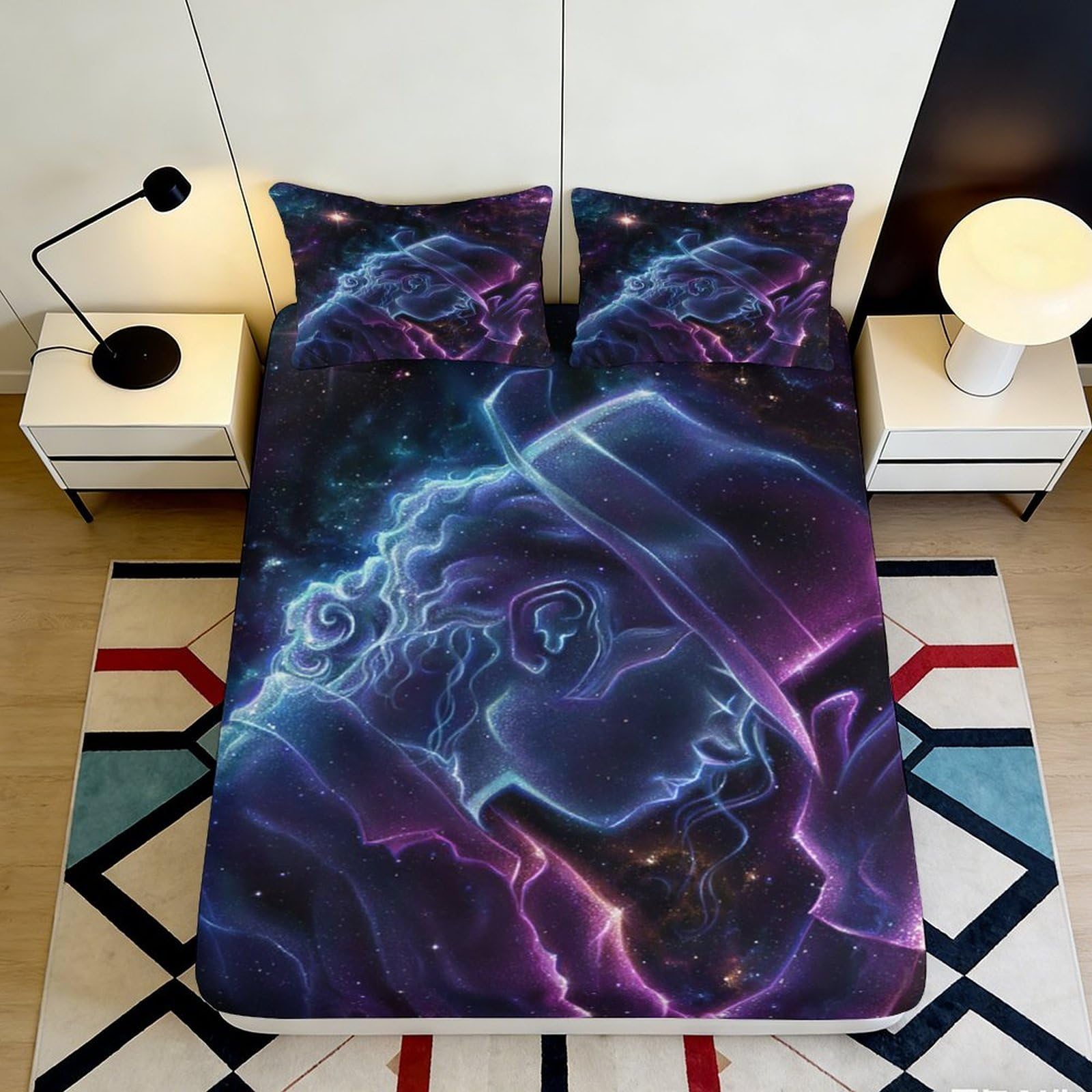 3D Printed Neon Galaxy Fitted Sheet Microfiber Soft Breathable Cosmic Silhouette Mattress Cover for Bedroom Decor 90x200x25cm