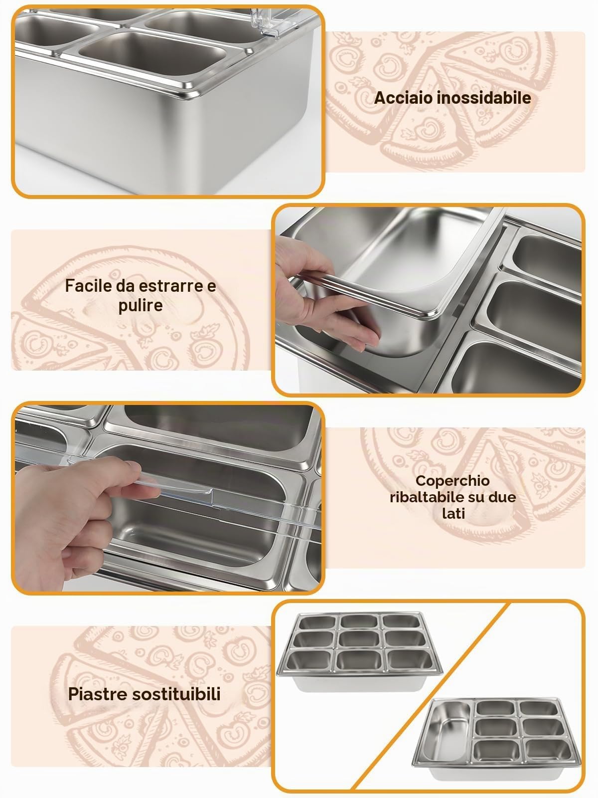 TOROKOM 10 padelle in acciaio inox, contenitore per condimenti, organizer in acciaio inox, per insalata, buffet Station con cucchiai, contenitori refrigeranti a buffet, set per salse, ingredienti