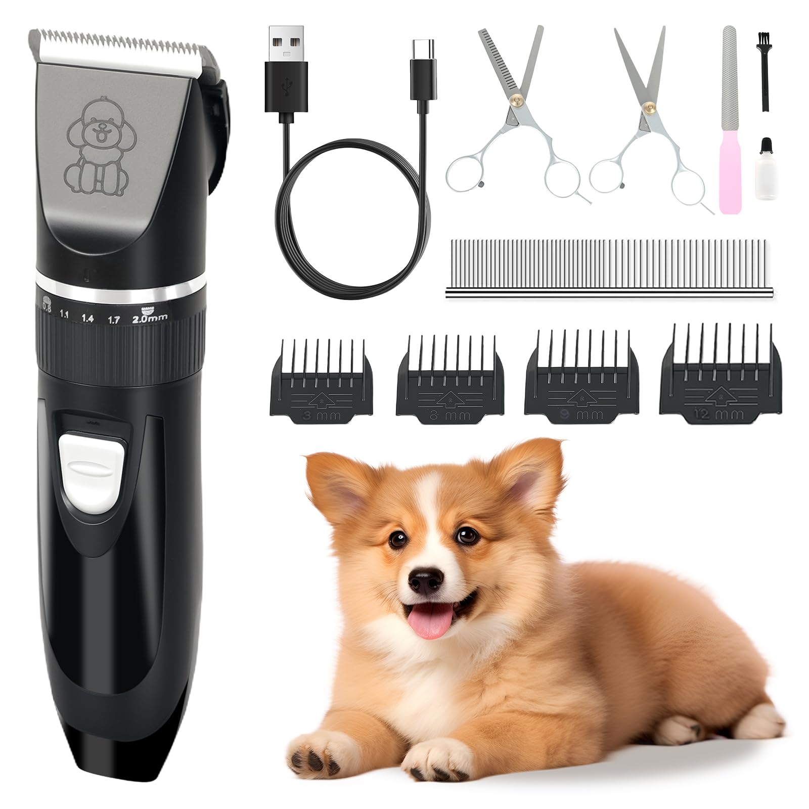 Skylos Professional Dog Clippers Grooming Kit, Low Noise Dog Grooming Clippers for Thick Hair, Cordless Pet Grooming Kit, Rechargeable Pet Shaver Trimmer for Dogs Cats Animals (Black)