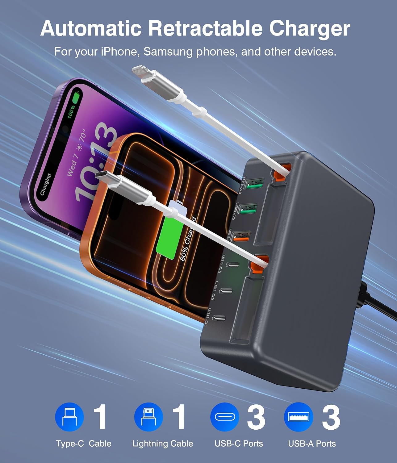 Upgraded 8-in-1 Retractable USB C Charger Block, 120W GaN Multi Charging Station Hub with Lightening & Type C Cable, Travel Essential USB C Power Strip Plug for iPhone 17 16 15 14 Pro Max iPad Galaxy