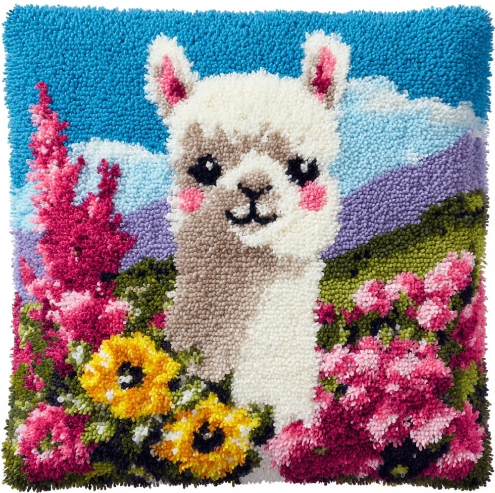 FWRTYCB DIY Latch Pillow Case Kits Alpaca and Flowers Crochet Cushion Cove