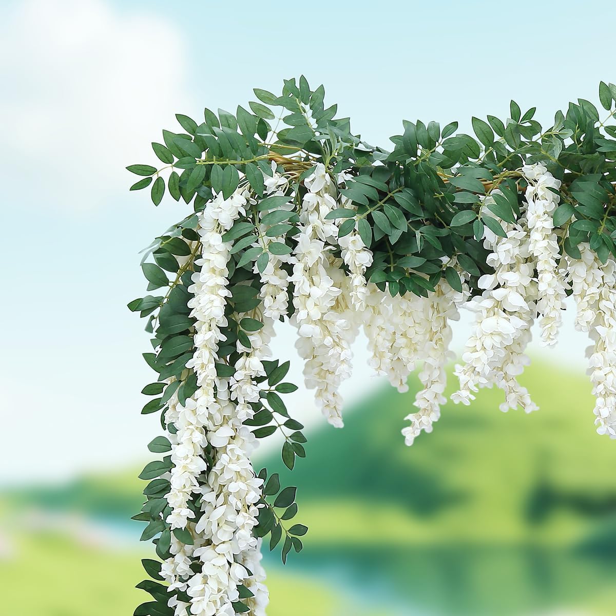 1pc/2pcs Encrypted Flower Vine Wisteria Artificial Flowers Garland,White Wisteria Hanging Flowers Flower Garland Decorations for Home Garden Outdoor Ceremony Wedding Arch Decoration (White, 1pc)