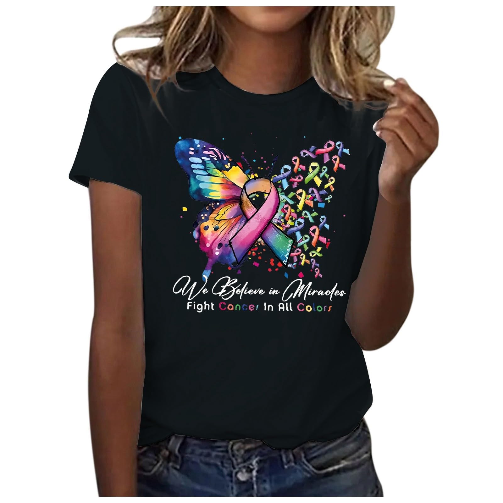 Cokbyavla Women's 011-Black Pink Ribbon Letter Tee,Stand Up To Cancer T-Shirts Fight Cancer Sticker Pink And White Shirt Pink Ribbon Breast Cancer T Shirt Hope Cancer Shirt For My Mom Shirt