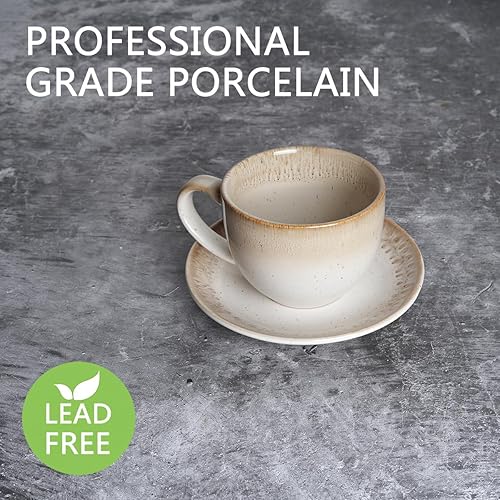 Miniatura 3 de Bosmarlin Juego de 2 tazas y platillo de cerámica para capuchino, 10 onzas, aptos para lavavajillas y microondas, tazas de café para café con leche,